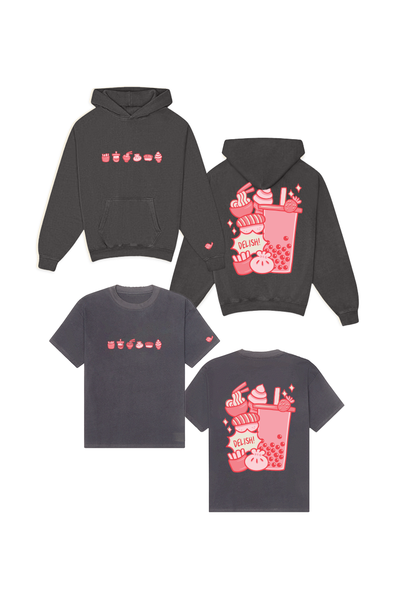 feed meimei Premium Bundle - Faded Black Hoodie and Vintage Black Tee